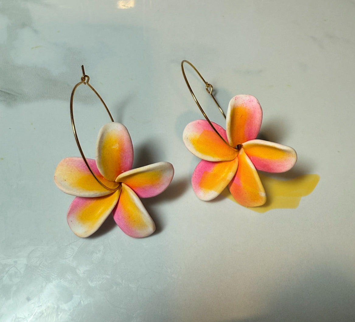 Rainbow Plumeria Hoop Earrings
